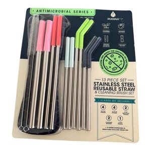 MANNA 13 Piece Stainless Steel Reusable Straw Cleaning Brush Set-NEW in BOX